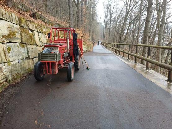 Frühjahrsputz in Halbestadt Sachsen, ein kleiner roter Traktor am Straßenrand ein Besen lehnt am Traktor, links und recht Bäume, im Hintergrund sieht man Menschen beim Frühjahrsputz