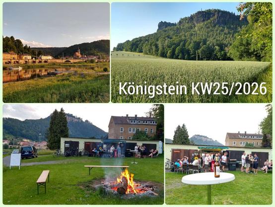 Collage mit vier Fotos aus Königstein in der Sächsischen Schweiz. Oben links: Blick über die Elbe auf die Altstadt von Königstein mit Brücke und den warmen Farben der Abendsonne. Oben rechts: Blick über ein Getreidefeld vor den Lilienstein unter blauem Himmel, darüber der Schriftzug „Königstein KW25/2026“. Unten links: Gemütliches Mittsommerfest auf dem Sportplatz in Halbestadt mit Lagerfeuer, Bänken und Gästen vor den Garagen. Unten rechts: Menschen stehen und sitzen in geselliger Runde beim Grillen und unterhalten sich, im Hintergrund ist der Königstein zu sehen. Die Collage vermittelt sommerliche Stimmung, Gemeinschaft und die Landschaft der Sächsischen Schweiz.