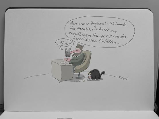 Thuni-Comic: Hamlet, Friedhofszene: Thuni spricht zu dem Katzengeist in seiner Hand den Yorick-Monolog. Der antwortet mit Miau?